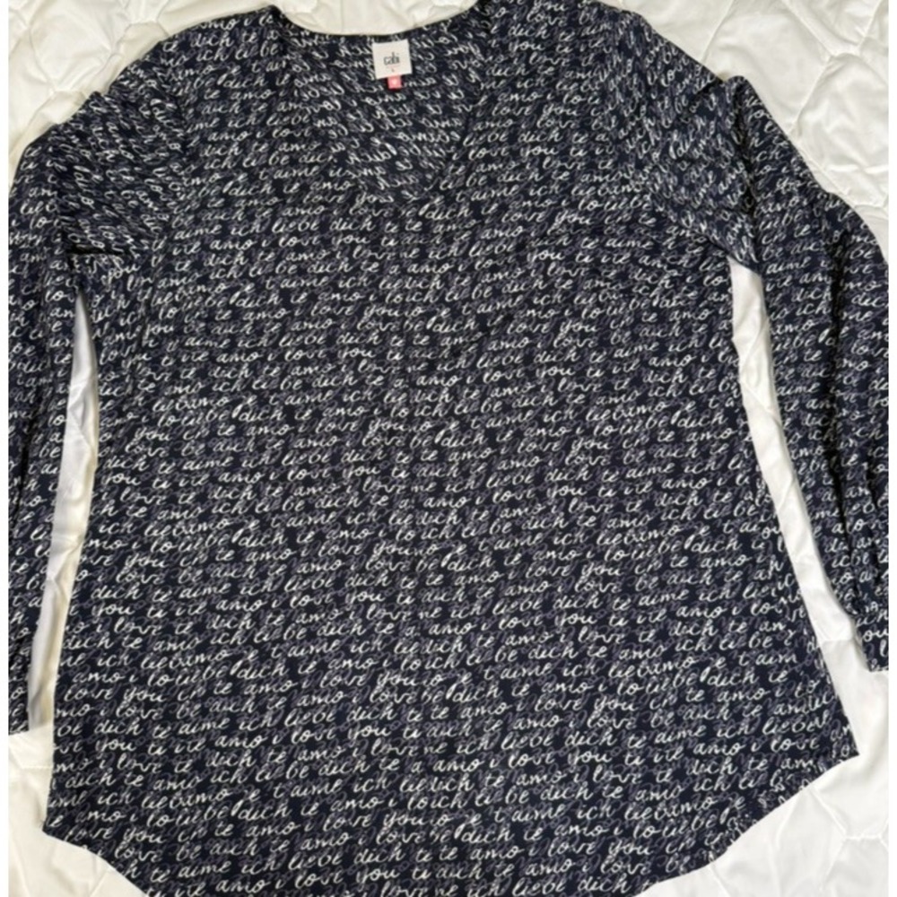 CAbi 5336 Blouse Womens Large Blue/Purple Te Amo Bishop Sleeve Shirt Print Flowy - Picture 2 of 9